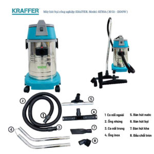 Máy hút bụi công nghiệp Kraffer KF30A 30L 1500W thùng inox kèm đầy đủ phụ kiện hút bụi hút nước